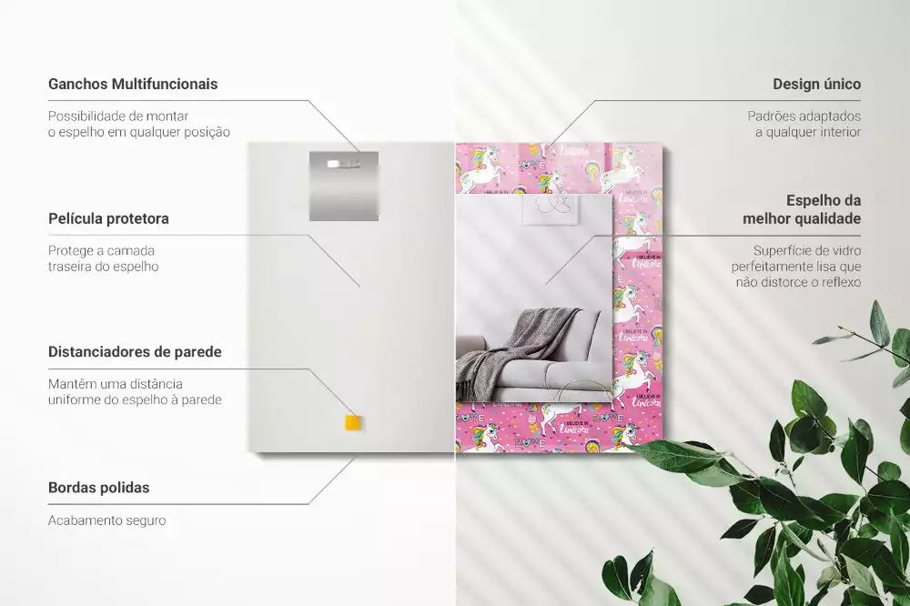 Miroir avec imprimé décoratif rectangulaire Licornes arcs-en-ciel cœurs