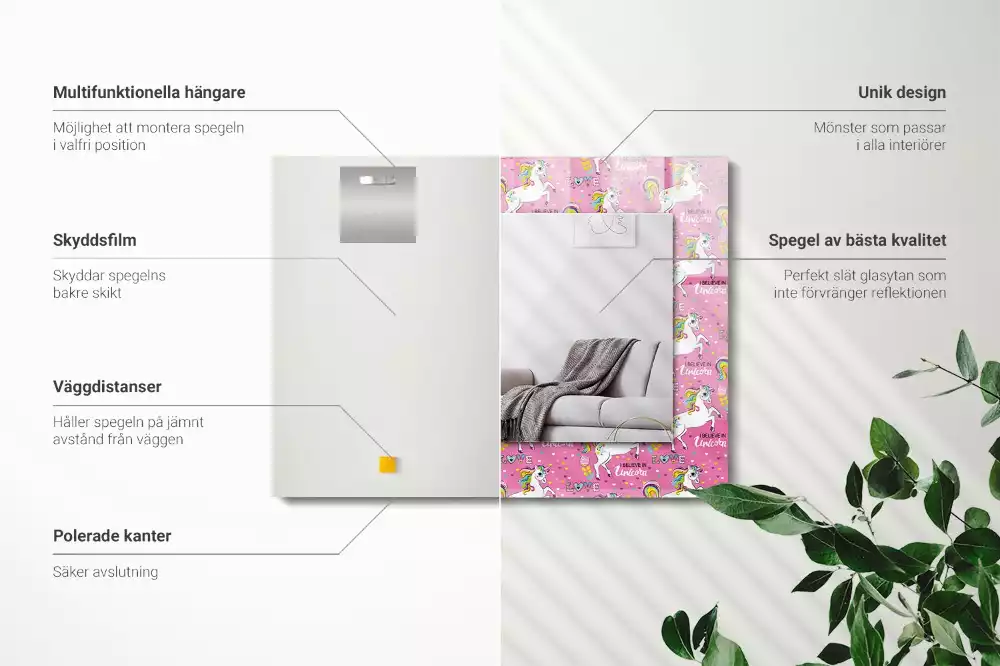 Miroir avec imprimé décoratif rectangulaire Licornes arcs-en-ciel cœurs