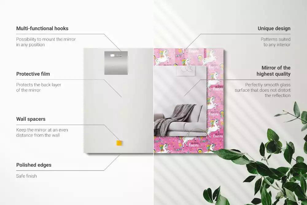 Miroir avec imprimé décoratif rectangulaire Licornes arcs-en-ciel cœurs