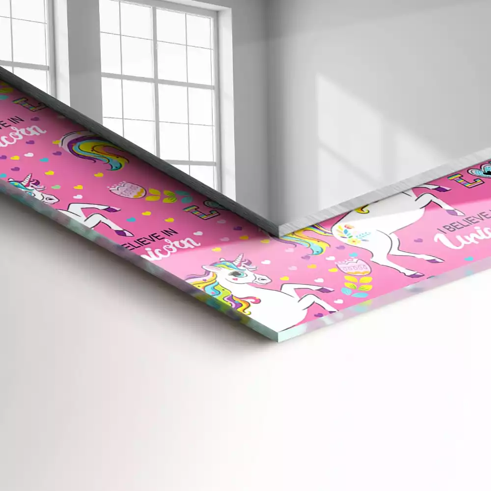 Miroir avec imprimé décoratif rectangulaire Licornes arcs-en-ciel cœurs