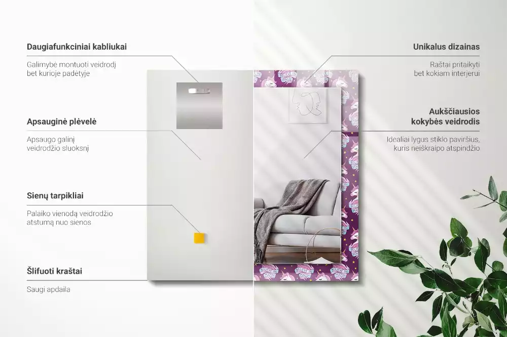 Miroir décoratif rectangulaire Licornes étoiles inscription