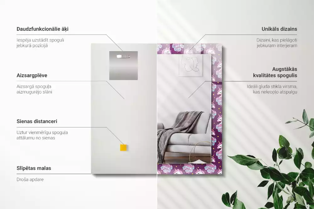 Miroir décoratif rectangulaire Licornes étoiles inscription