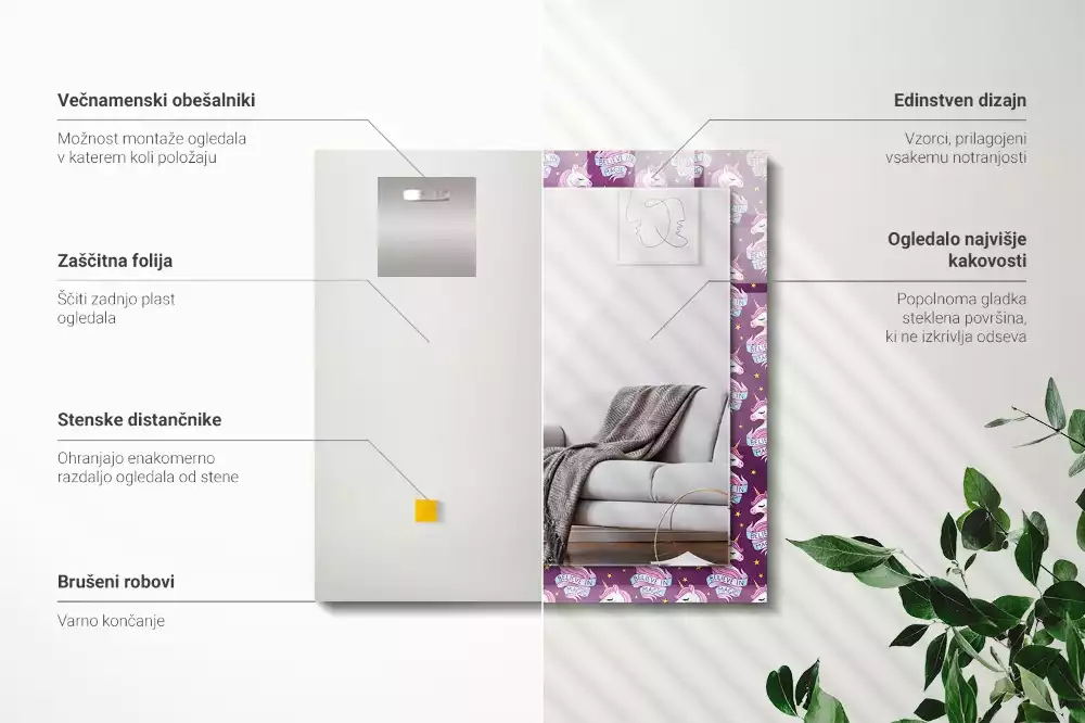 Miroir décoratif rectangulaire Licornes étoiles inscription