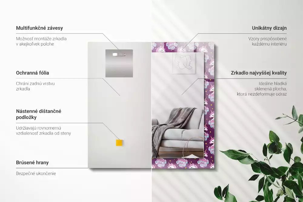 Miroir décoratif rectangulaire Licornes étoiles inscription