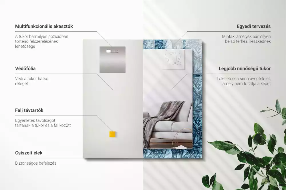 Miroir décoratif rectangulaire Motif feuilles bleues