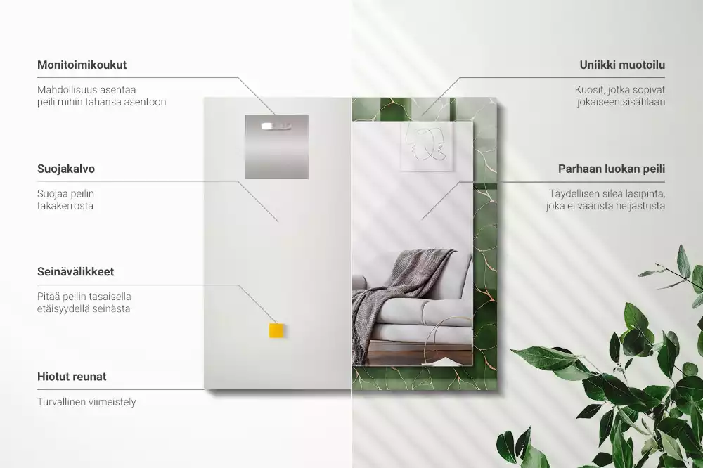 Miroir avec imprimé décoratif rectangulaire Motif feuilles vertes