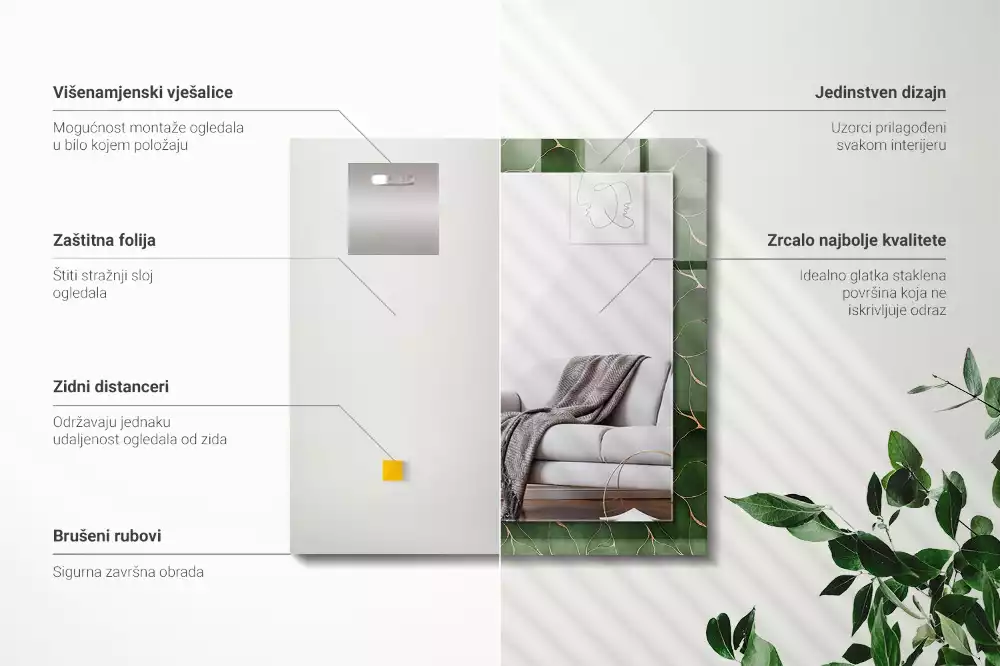 Miroir avec imprimé décoratif rectangulaire Motif feuilles vertes