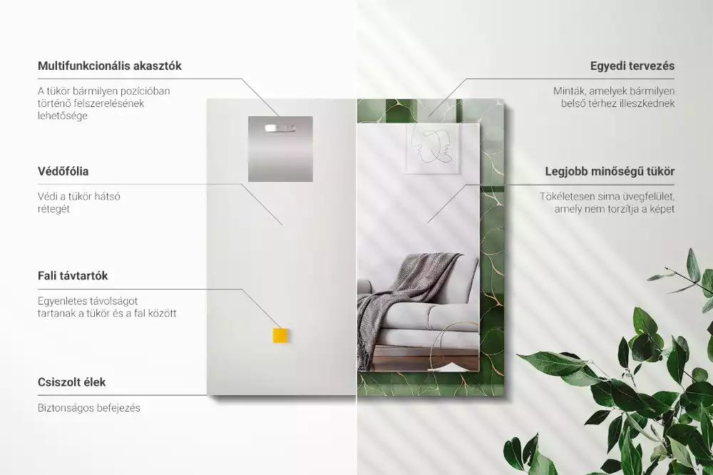 Miroir avec imprimé décoratif rectangulaire Motif feuilles vertes