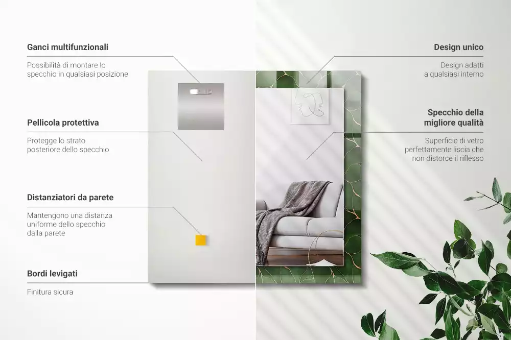 Miroir avec imprimé décoratif rectangulaire Motif feuilles vertes