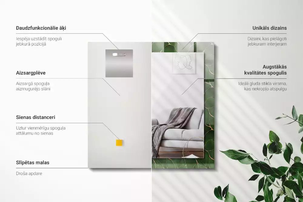 Miroir avec imprimé décoratif rectangulaire Motif feuilles vertes