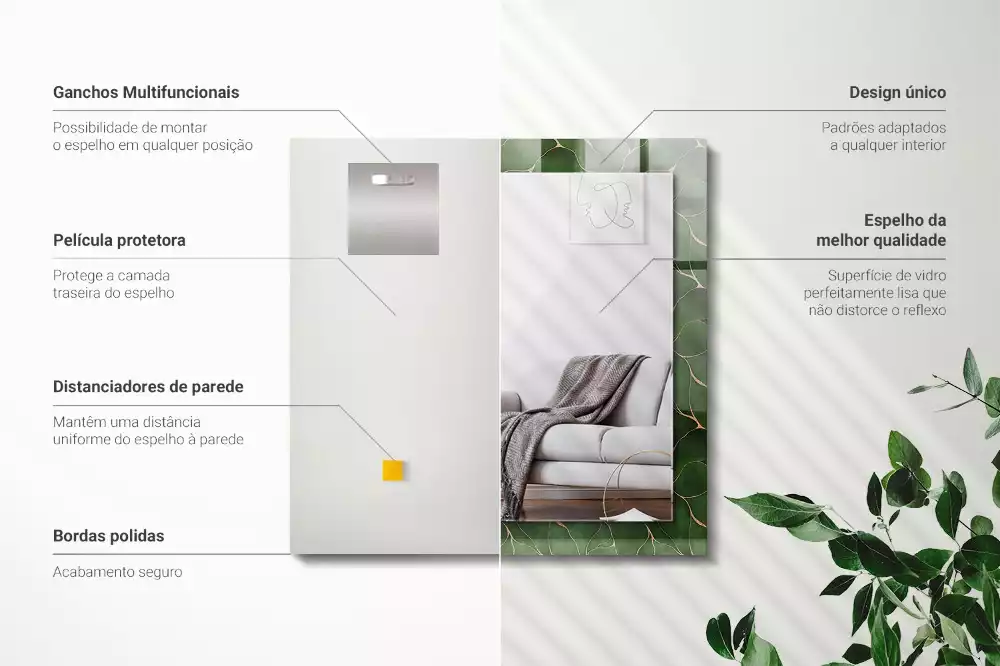 Miroir avec imprimé décoratif rectangulaire Motif feuilles vertes