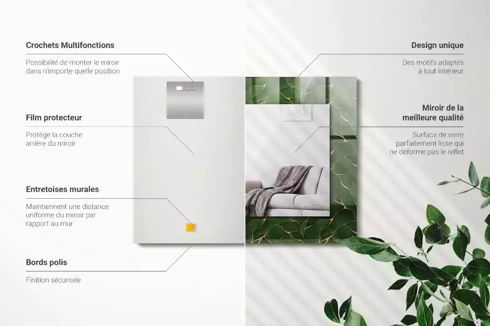 Miroir avec imprimé décoratif rectangulaire Motif feuilles vertes