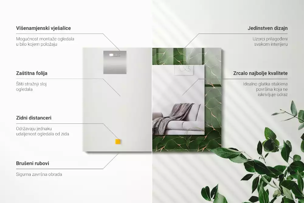 Miroir avec imprimé décoratif rectangulaire Motif feuilles vertes