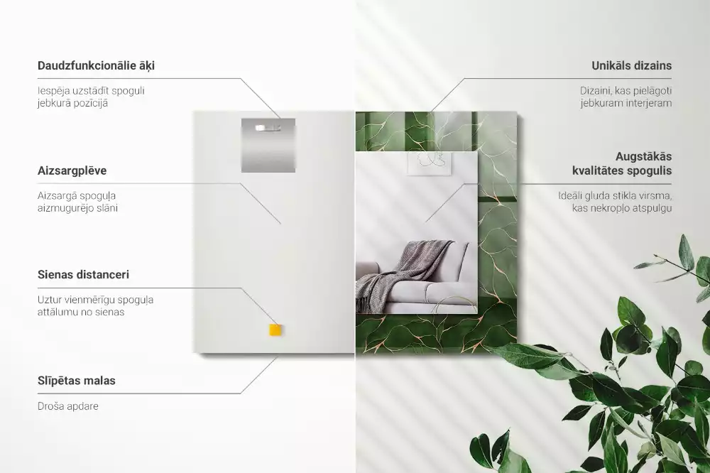 Miroir avec imprimé décoratif rectangulaire Motif feuilles vertes