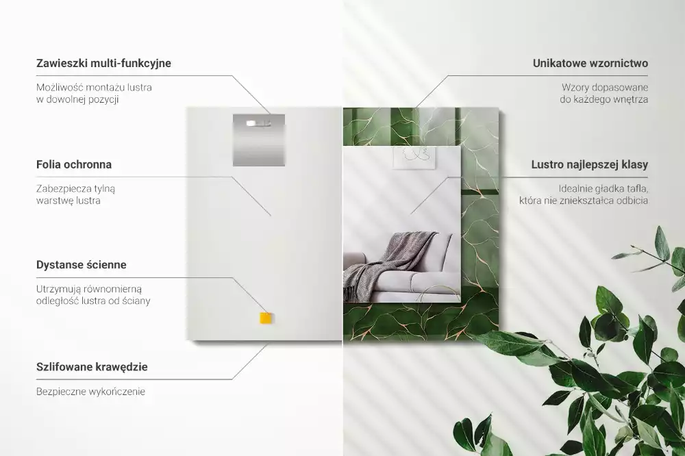 Miroir avec imprimé décoratif rectangulaire Motif feuilles vertes