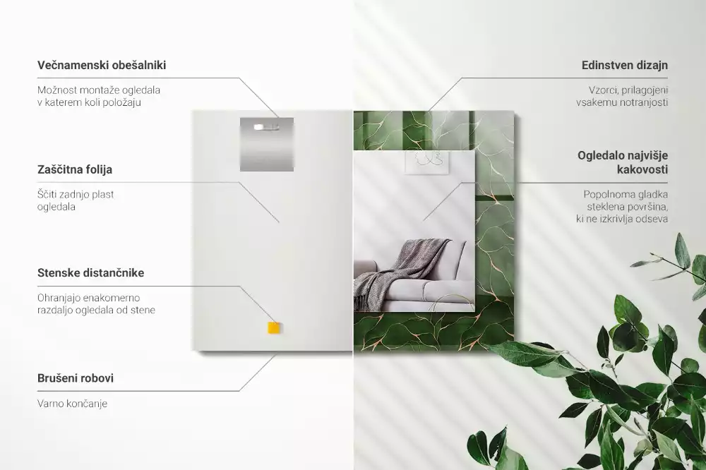 Miroir avec imprimé décoratif rectangulaire Motif feuilles vertes