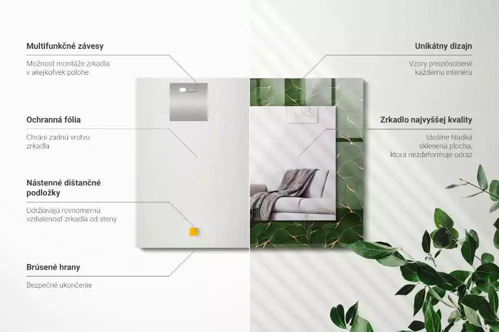 Miroir avec imprimé décoratif rectangulaire Motif feuilles vertes