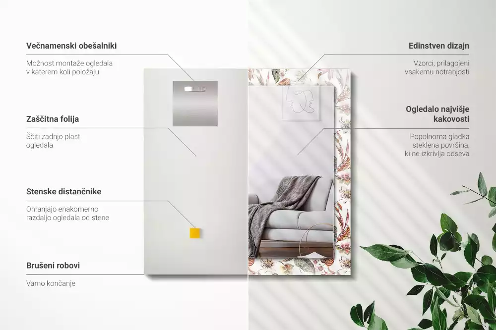 Miroir décoratif rectangulaire Fleurs et feuilles