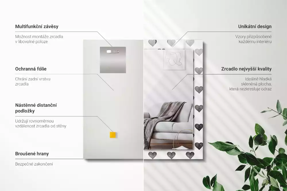 Miroir avec imprimé rectangulaire Motif cœurs noirs