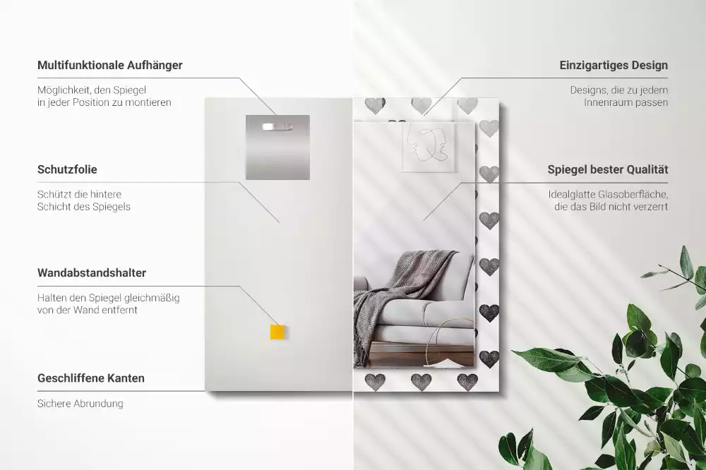 Miroir avec imprimé rectangulaire Motif cœurs noirs