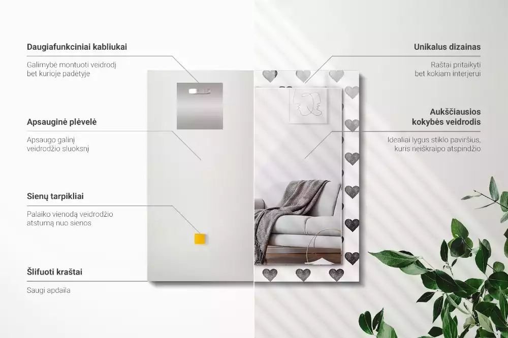 Miroir avec imprimé rectangulaire Motif cœurs noirs