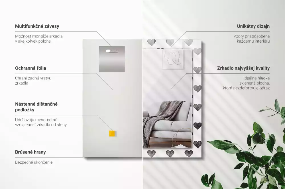 Miroir avec imprimé rectangulaire Motif cœurs noirs