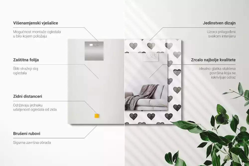 Miroir avec imprimé rectangulaire Motif cœurs noirs