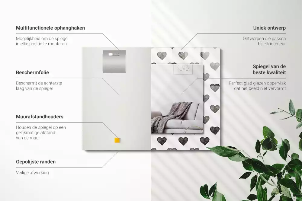 Miroir avec imprimé rectangulaire Motif cœurs noirs