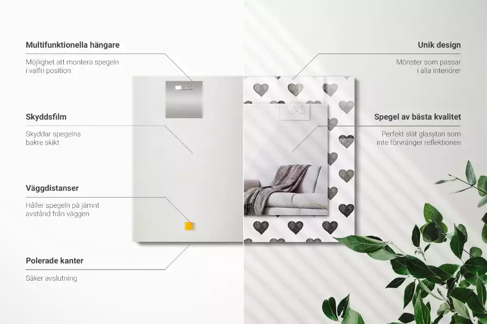 Miroir avec imprimé rectangulaire Motif cœurs noirs