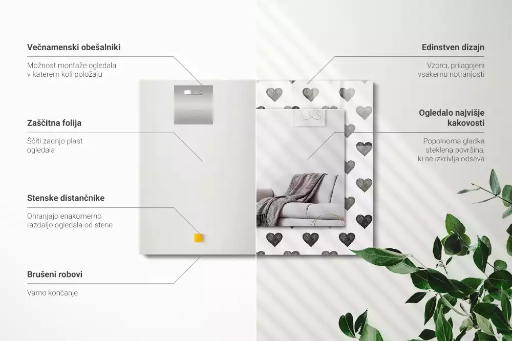 Miroir avec imprimé rectangulaire Motif cœurs noirs