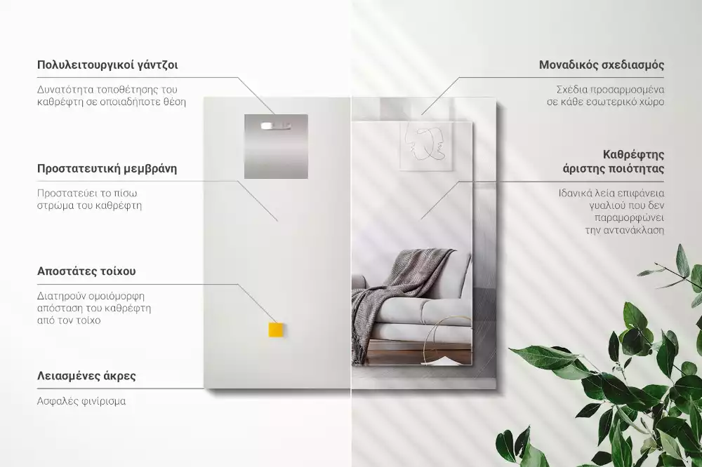 Miroir avec imprimé décoratif rectangulaire Surface métallique ronde