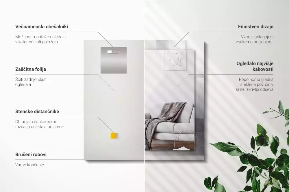 Miroir avec imprimé décoratif rectangulaire Surface métallique ronde