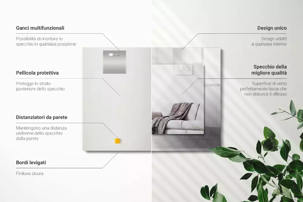 Miroir avec imprimé décoratif rectangulaire Surface métallique ronde