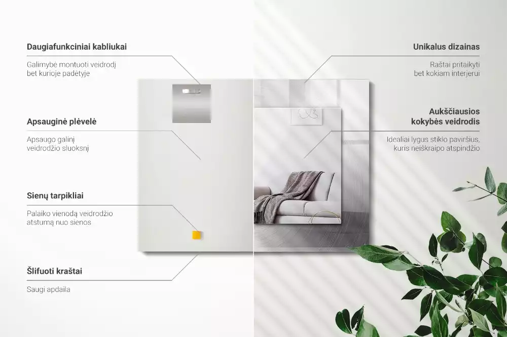 Miroir avec imprimé décoratif rectangulaire Surface métallique ronde