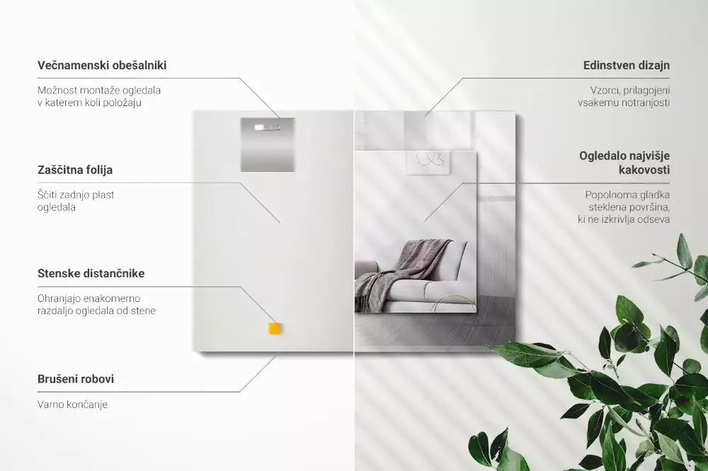 Miroir avec imprimé décoratif rectangulaire Surface métallique ronde