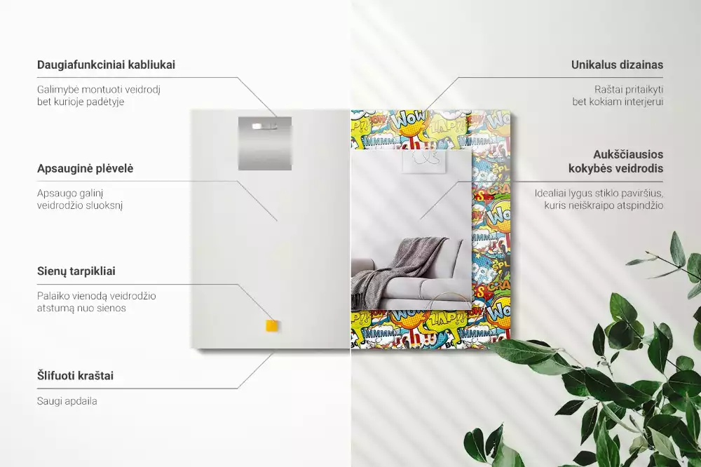 Miroir avec imprimé rectangulaire Bulles BD colorées