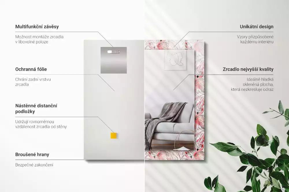 Miroir avec imprimé rectangulaire Flamants roses