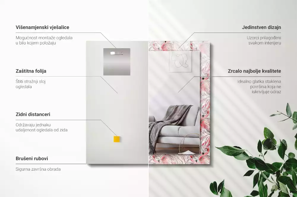 Miroir avec imprimé rectangulaire Flamants roses