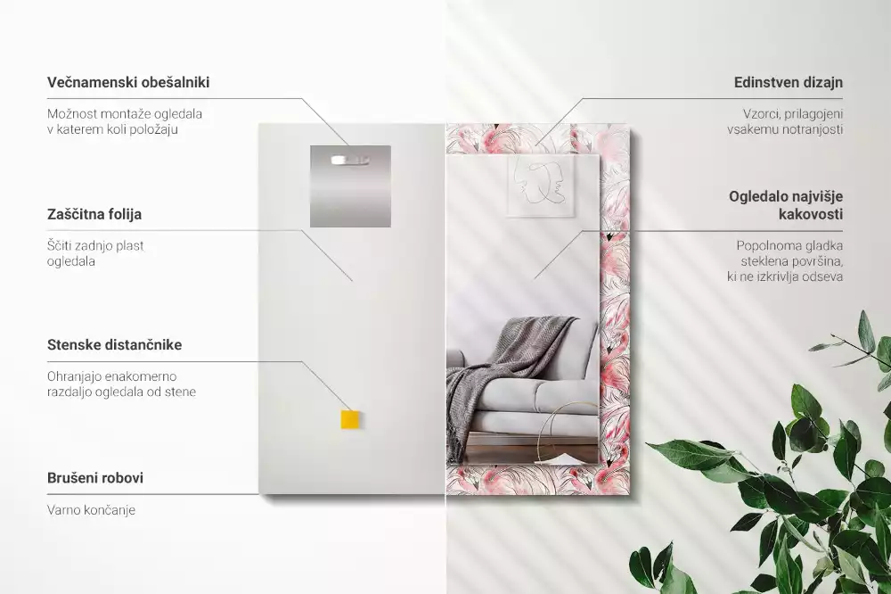 Miroir avec imprimé rectangulaire Flamants roses