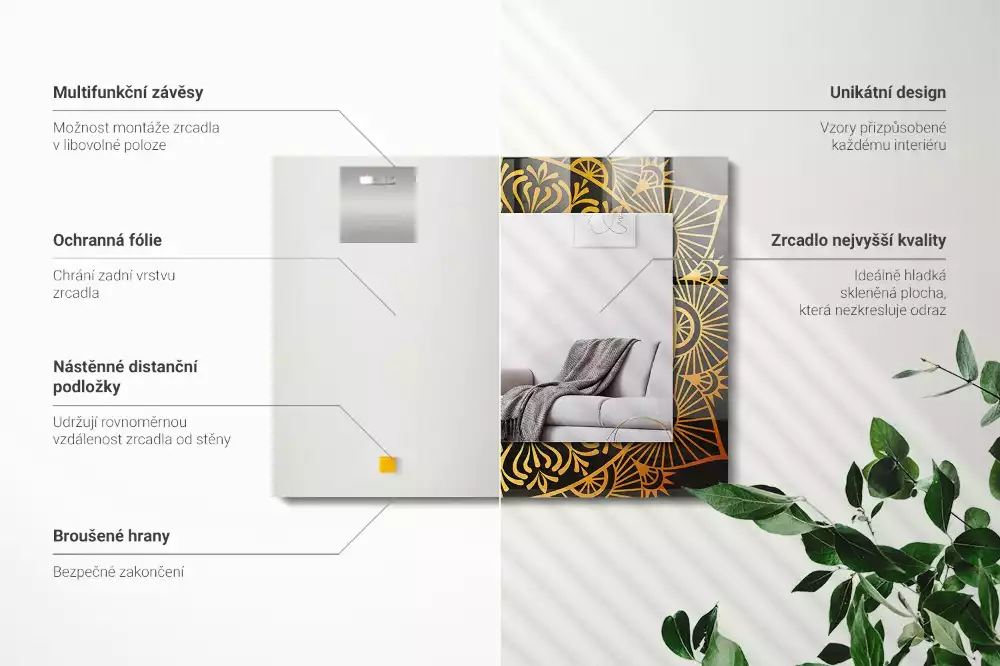 Miroir avec imprimé décoratif rectangulaire Motif mandala