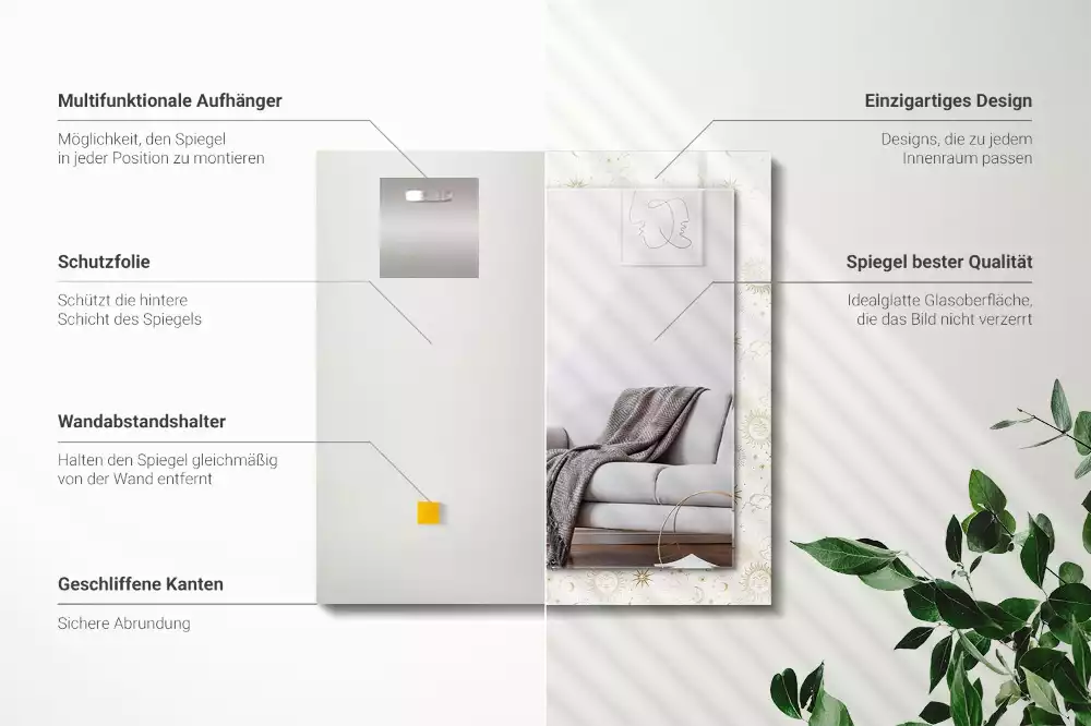 Miroir avec imprimé décoratif rectangulaire Soleil lune étoiles