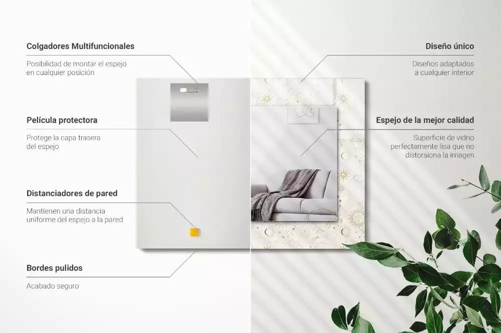 Miroir avec imprimé décoratif rectangulaire Soleil lune étoiles