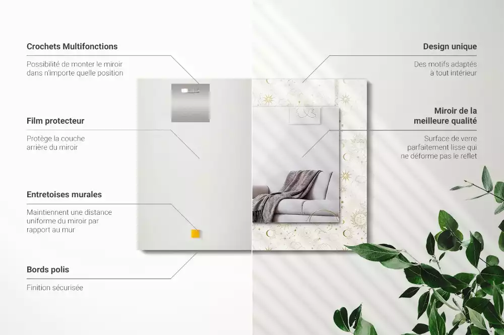 Miroir avec imprimé décoratif rectangulaire Soleil lune étoiles