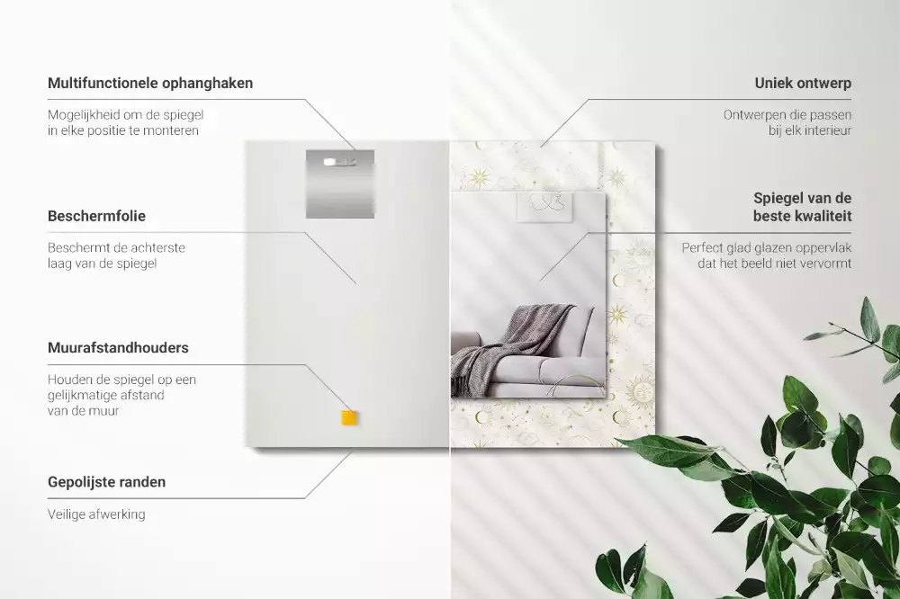 Miroir avec imprimé décoratif rectangulaire Soleil lune étoiles