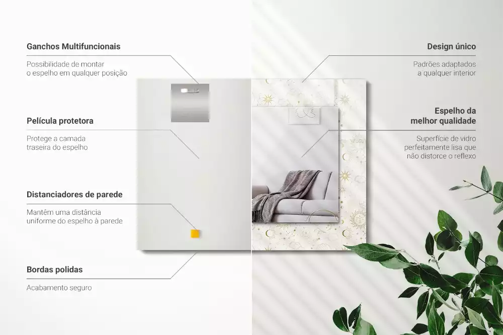 Miroir avec imprimé décoratif rectangulaire Soleil lune étoiles