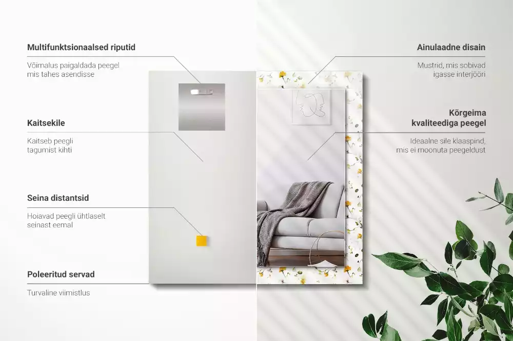 Miroir avec imprimé décoratif rectangulaire Motif fleurs feuilles