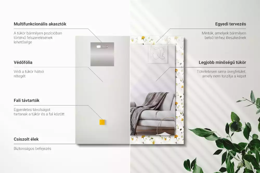 Miroir avec imprimé décoratif rectangulaire Motif fleurs feuilles