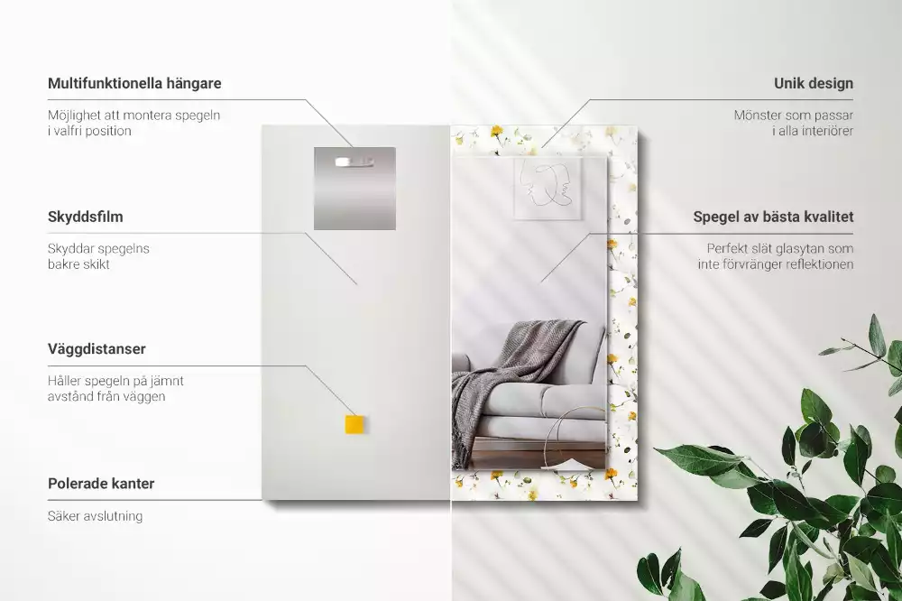 Miroir avec imprimé décoratif rectangulaire Motif fleurs feuilles