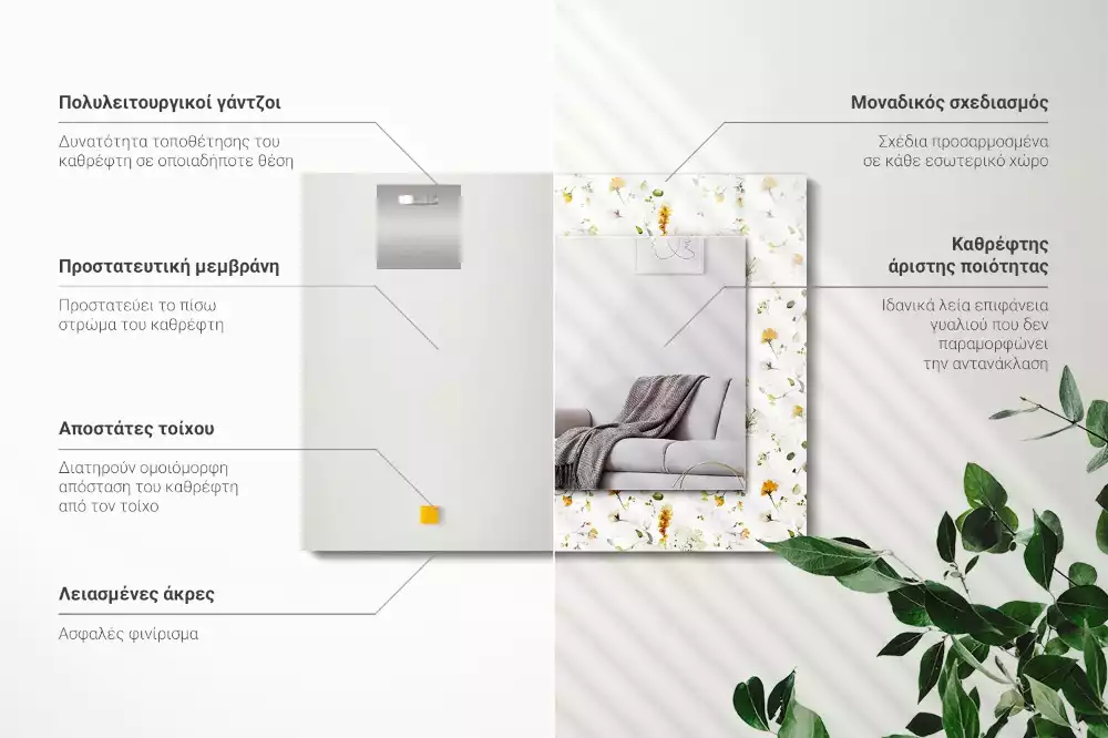 Miroir avec imprimé décoratif rectangulaire Motif fleurs feuilles