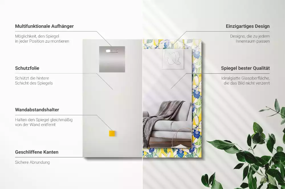 Miroir avec imprimé rectangulaire Fleurs et feuilles